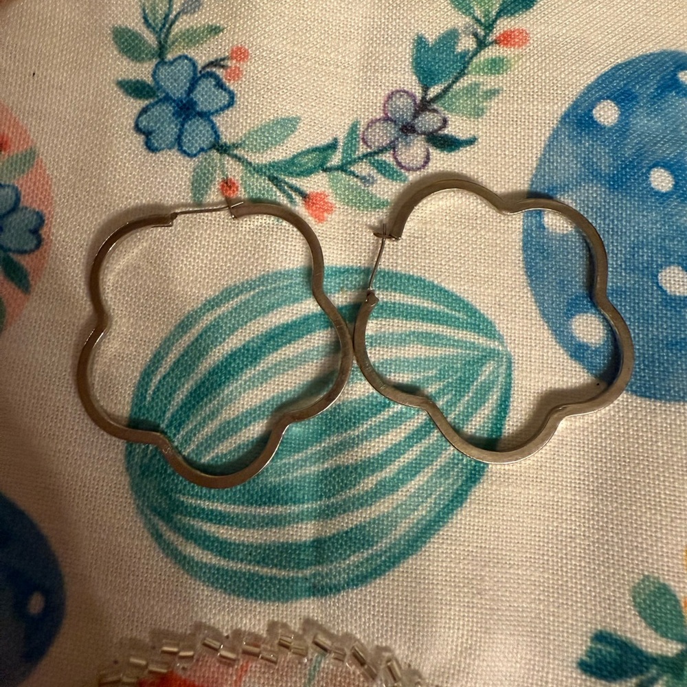 Silver flower hoop earrings